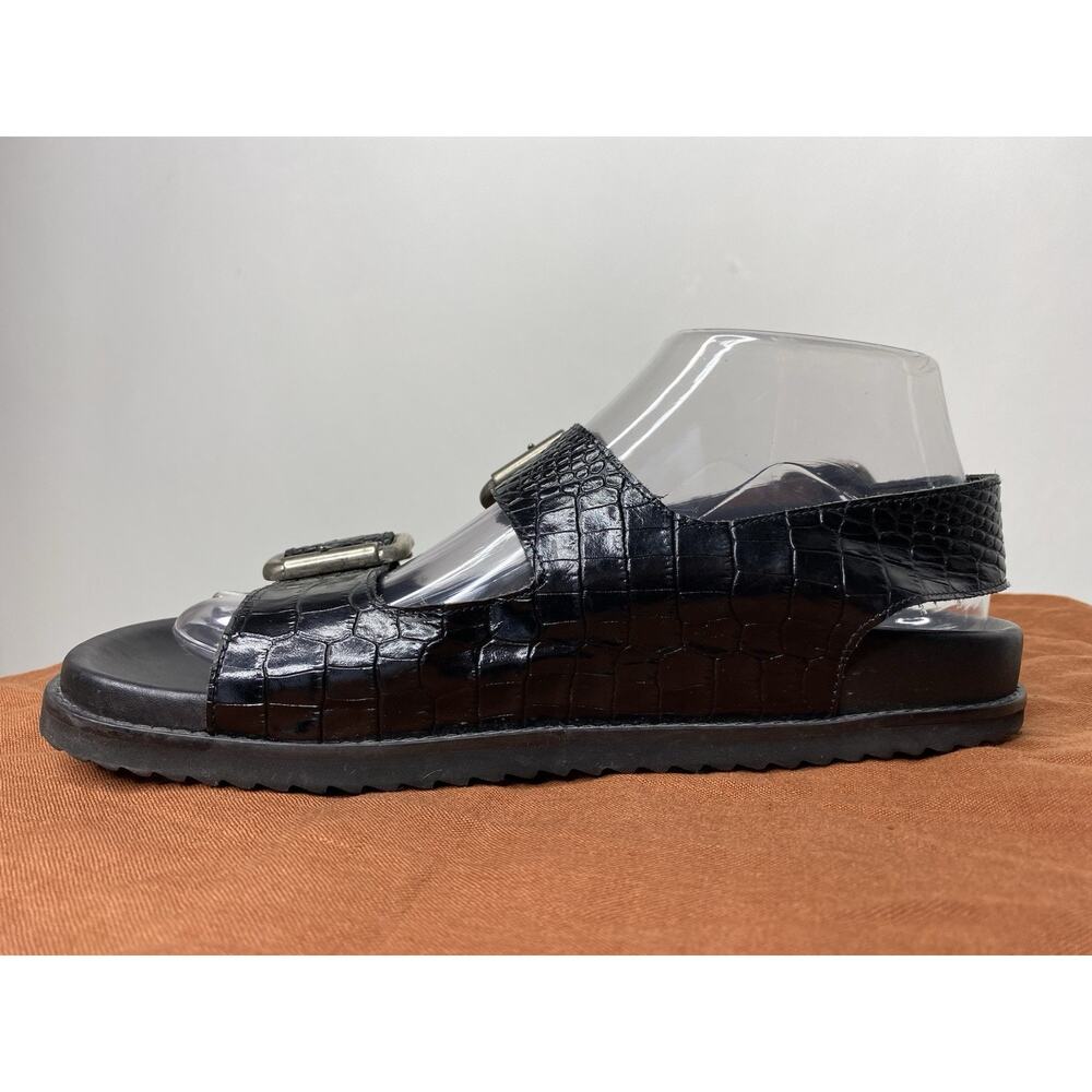Freda Salvador Piper Leather Sandal Women's 7 Black Croc Pattern Slingback Flat - Picture 6 of 10
